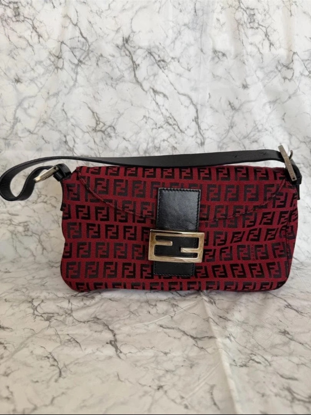 Fendi Red & Black FF Canvas Baguette Shoulder Bag